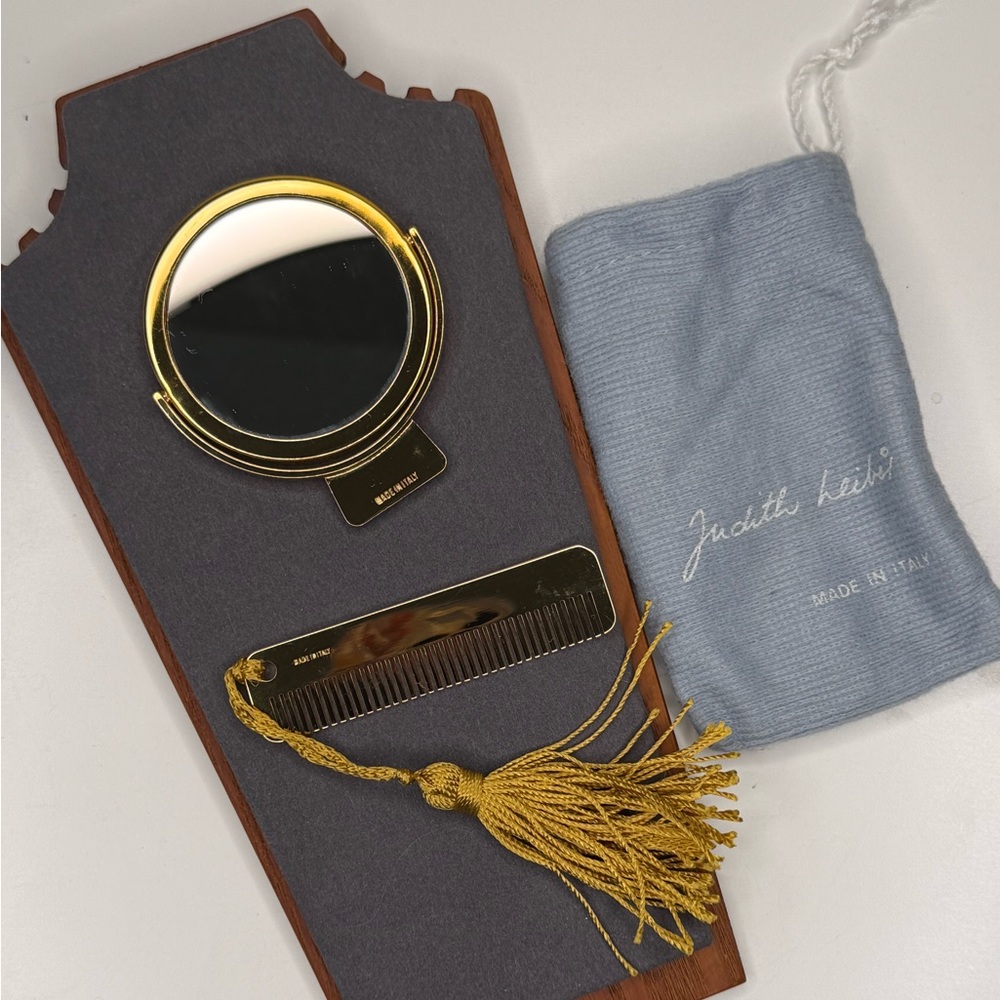 Judith Leiber Vintage Gold Tone Mirror & Comb Vanity Set Italy w/ Pouch - Picture 5 of 9